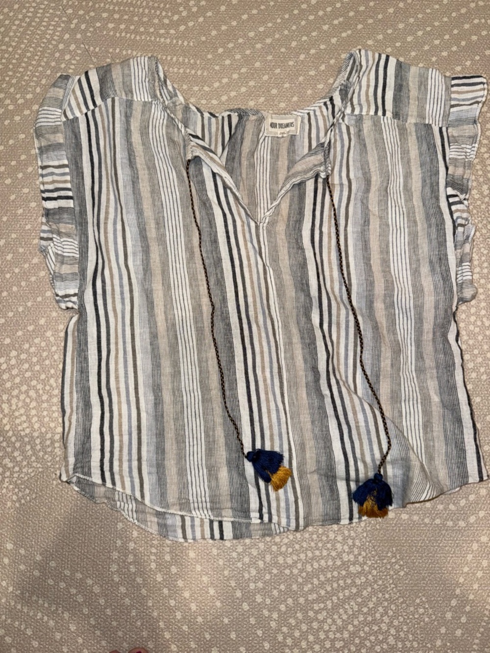 Dreamers Striped Linen 100% Cotten Blouse - Gray, White, Navy, Mustard